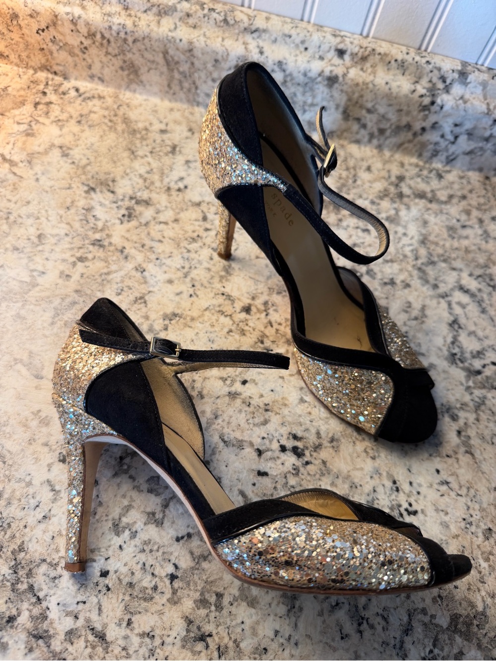 kate spade Black and Gold Glimmer Ankle Strap Peep-Toe Heels Sparkle ✨